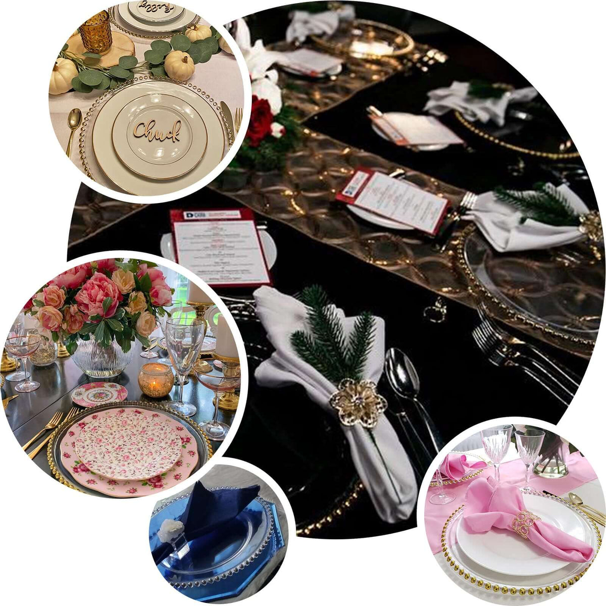 6-Pack Acrylic Charger Plates 13" Round Clear with Gold Beaded Rim - Decorative Dinner Party Serving Plates